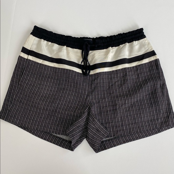 VINCE MIXED STRIPE PRINT SILK SHORTS, BLACK/IVORY - Picture 7 of 14